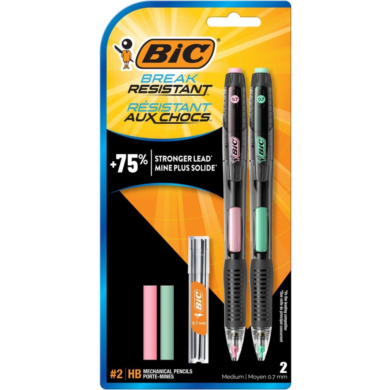 BIC 0.7 mm HB No. 2 Break-Resistant Mechanical Pencils with Erasers - Black Lead/Green and Pink Barrel Colors (2/Pack)